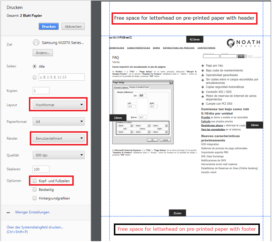 Kopf-und Fusszeilen Einstellungen in CHROME